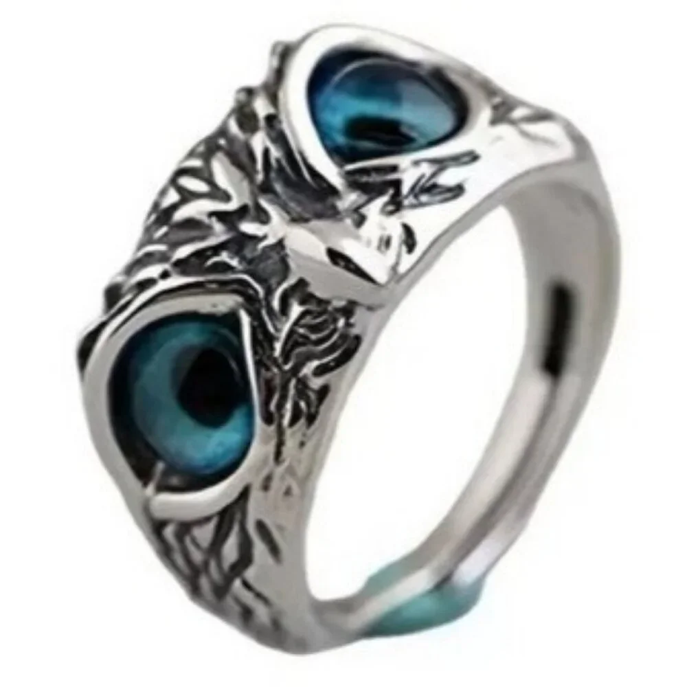 Silver Stainless Steel Blue Eye Owl Statement Ring Nickel Free Halo Vintage Y2K